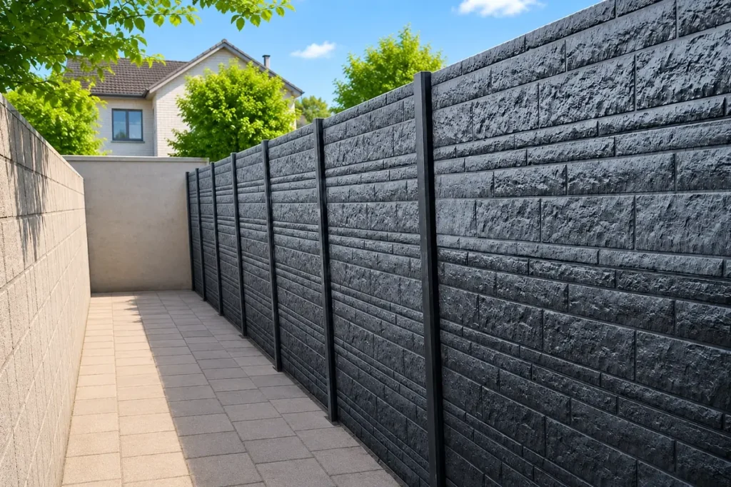 Antraciet betonnen schutting met rots motief