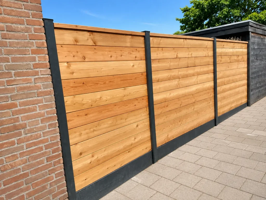 Blokhutprofiel schuttingen van Douglas hout en betonpalen