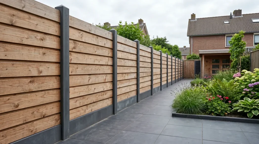 Hout beton schutting met horizontale tuinschermen