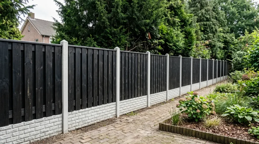 Schutting met witte betonpalen, steen motief betonplaten en zwarte tuinschermen