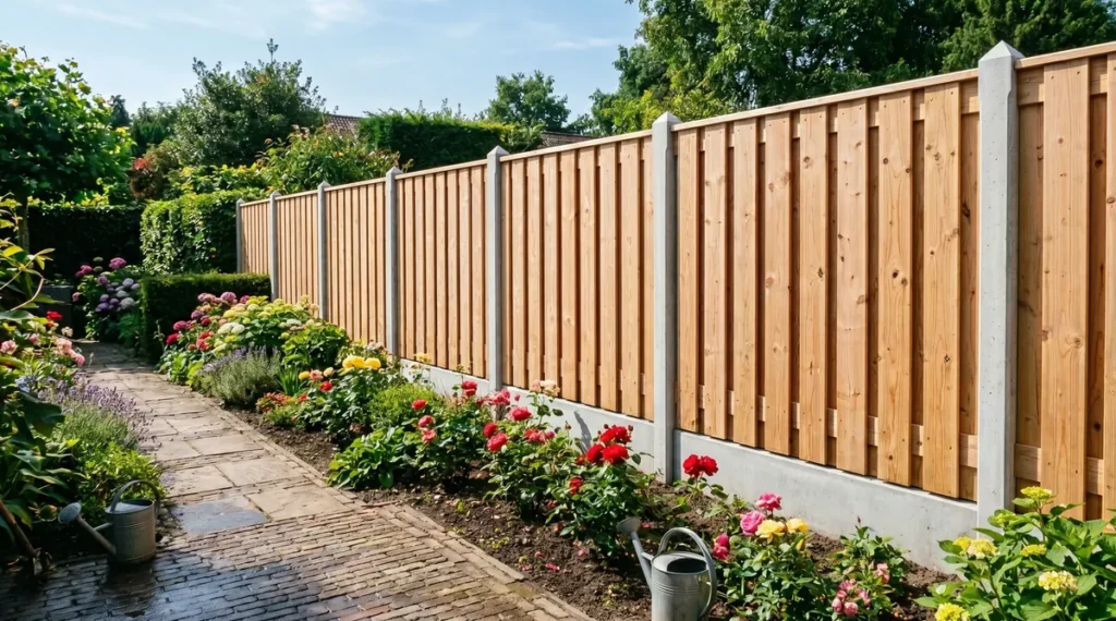 Schutting stampbeton grijs met grenen