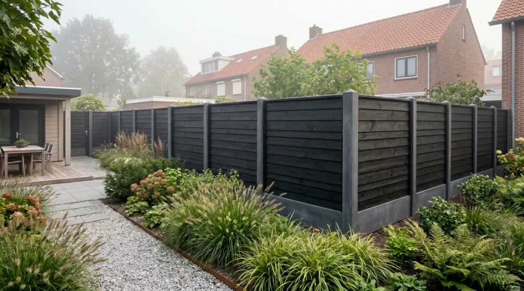Zwarte rabat schutting met grijs beton