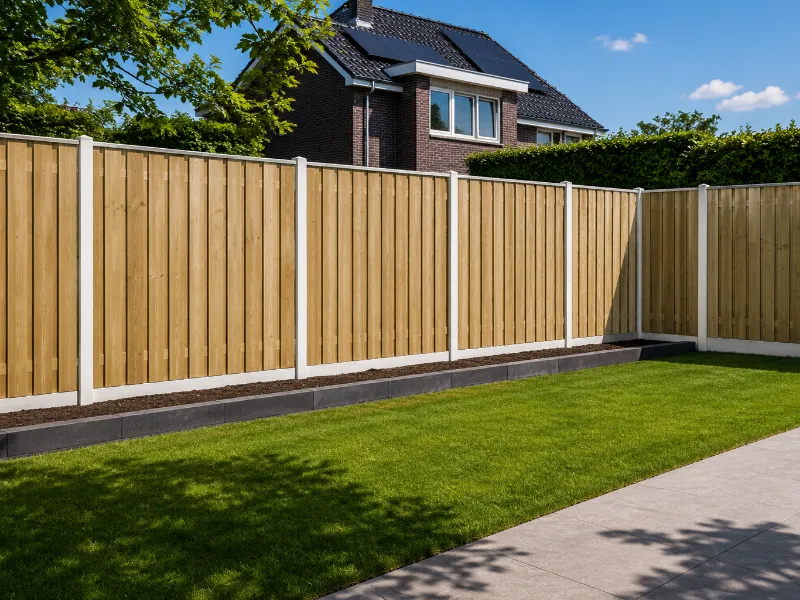 Schutting met betonpalen en tuinschermen